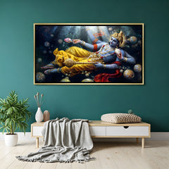 Lord Vishnu cosmic ocean canvas painting with celestial spheres in luxurious golden floater frame
