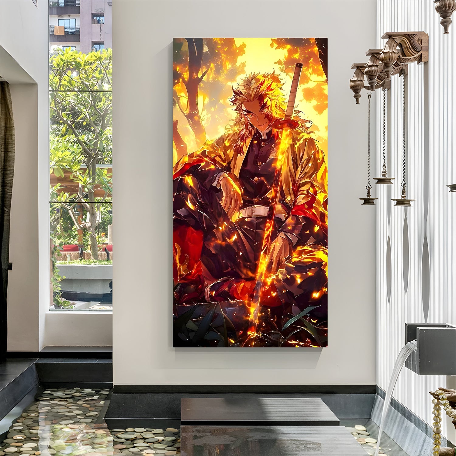 Kyojuro Rengoku canvas painting with sword anime artwork in canvas wrapped frame
