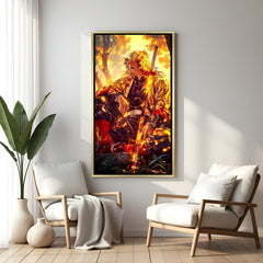 Kyojuro Rengoku Demon Slayer wall art in luxury golden floater frame with flame anime design
