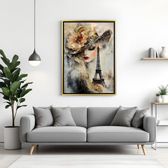 Hand-painted abstract canvas wall art of a lady with classy hat and Eiffel Tower, in golden floater frame, ideal for modern, vibrant, and artistic home decor