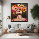 Hand-painted abstract canvas wall art of a woman’s face with colorful flowers blooming from her eyes, in black floater frame, perfect for modern and creative home decor
