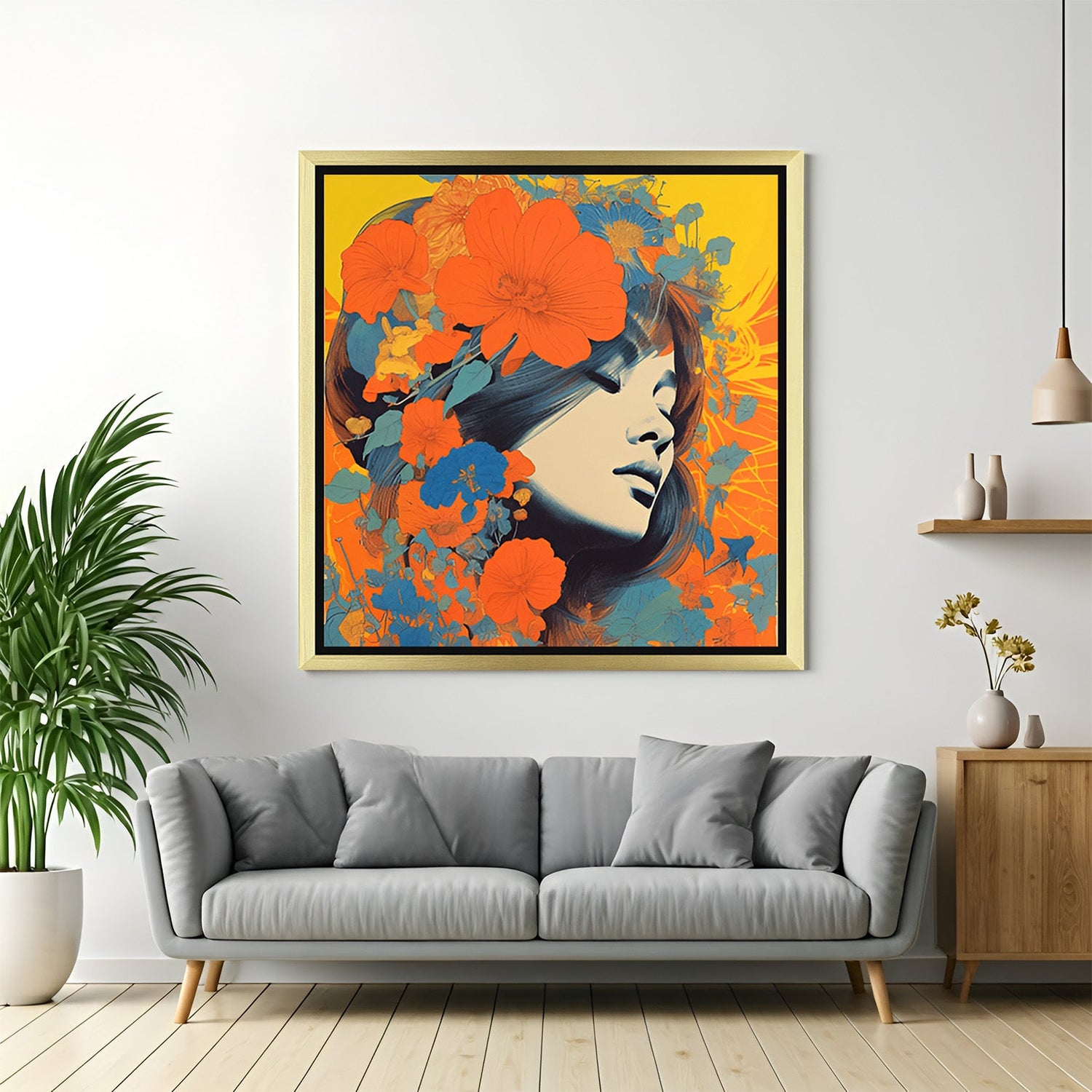 Golden frame abstract wall art – woman with flower in hair printed on canvas in artistic feminine style for home decor