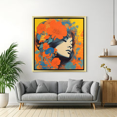 Golden frame abstract wall art – woman with flower in hair printed on canvas in artistic feminine style for home decor
