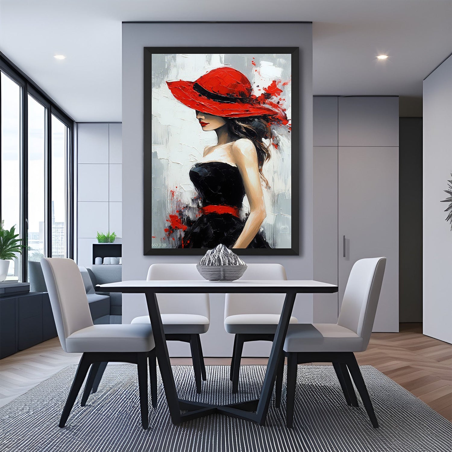Black frame canvas of abstract lady in red hat – feminine wall art with expressive painted style for stylish interiors