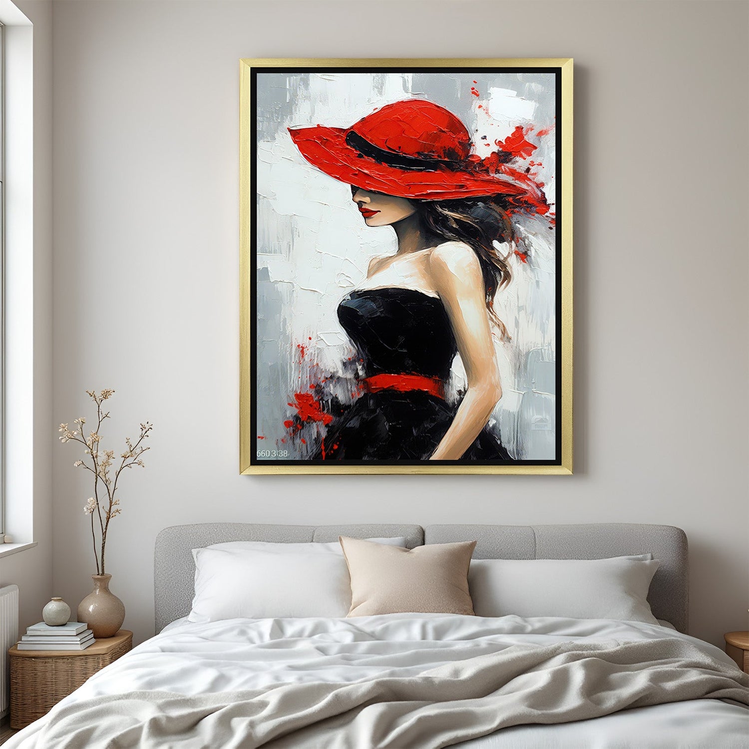 Golden frame abstract artwork of woman in red hat – elegant canvas print for fashionable and modern room decor