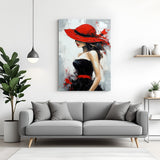 Abstract canvas wall art of a woman in a red hat – painted female figure with hidden face for modern and elegant home decor