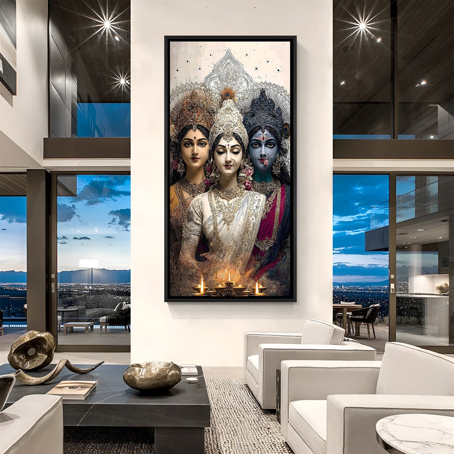 Three Hindu goddesses Lakshmi Saraswati and Kali in elegant black floater frame spiritual artwork