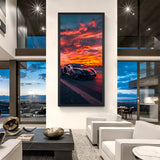Lamborghini Aventador canvas in black frame with golden sunset background—ideal for premium car-themed walls