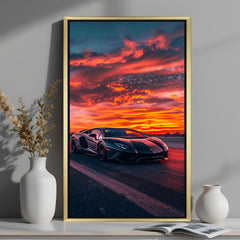 Golden frame canvas wall art of Lamborghini Aventador photographed at sunset—adds elegance and speed to modern interiors