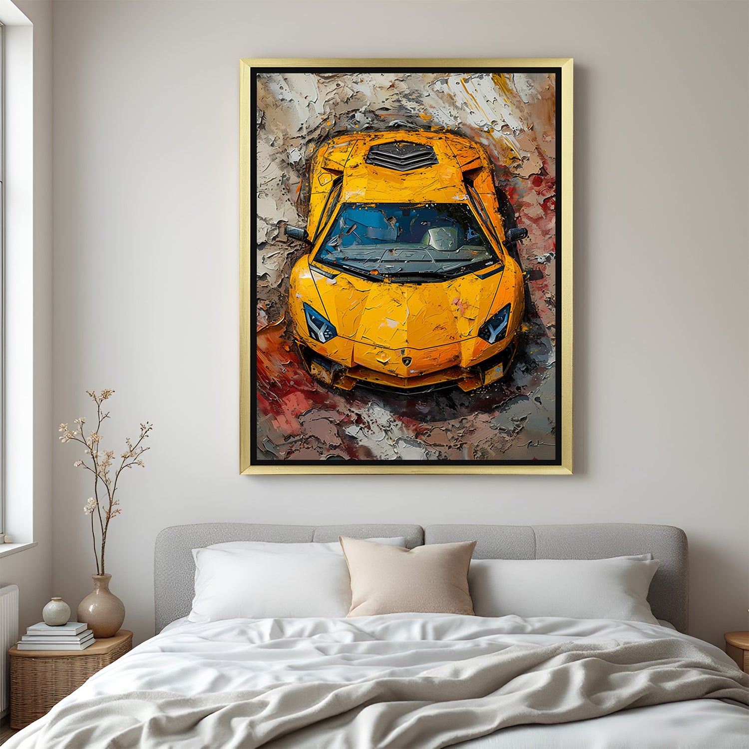 Golden frame Lamborghini Aventador canvas art for luxury home or office decor inspired by exotic cars and speed aesthetics
