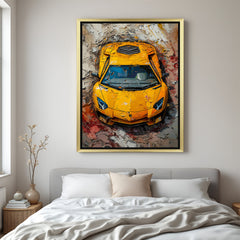 Golden frame Lamborghini Aventador canvas art for luxury home or office decor inspired by exotic cars and speed aesthetics