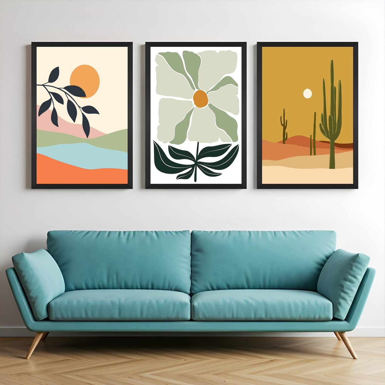 Bohemian wall art set of 3 showing minimalist landscape, pastel flower, and desert cactus scene – modern canvas prints for nature lovers