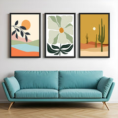 Bohemian wall art set of 3 showing minimalist landscape, pastel flower, and desert cactus scene – modern canvas prints for nature lovers