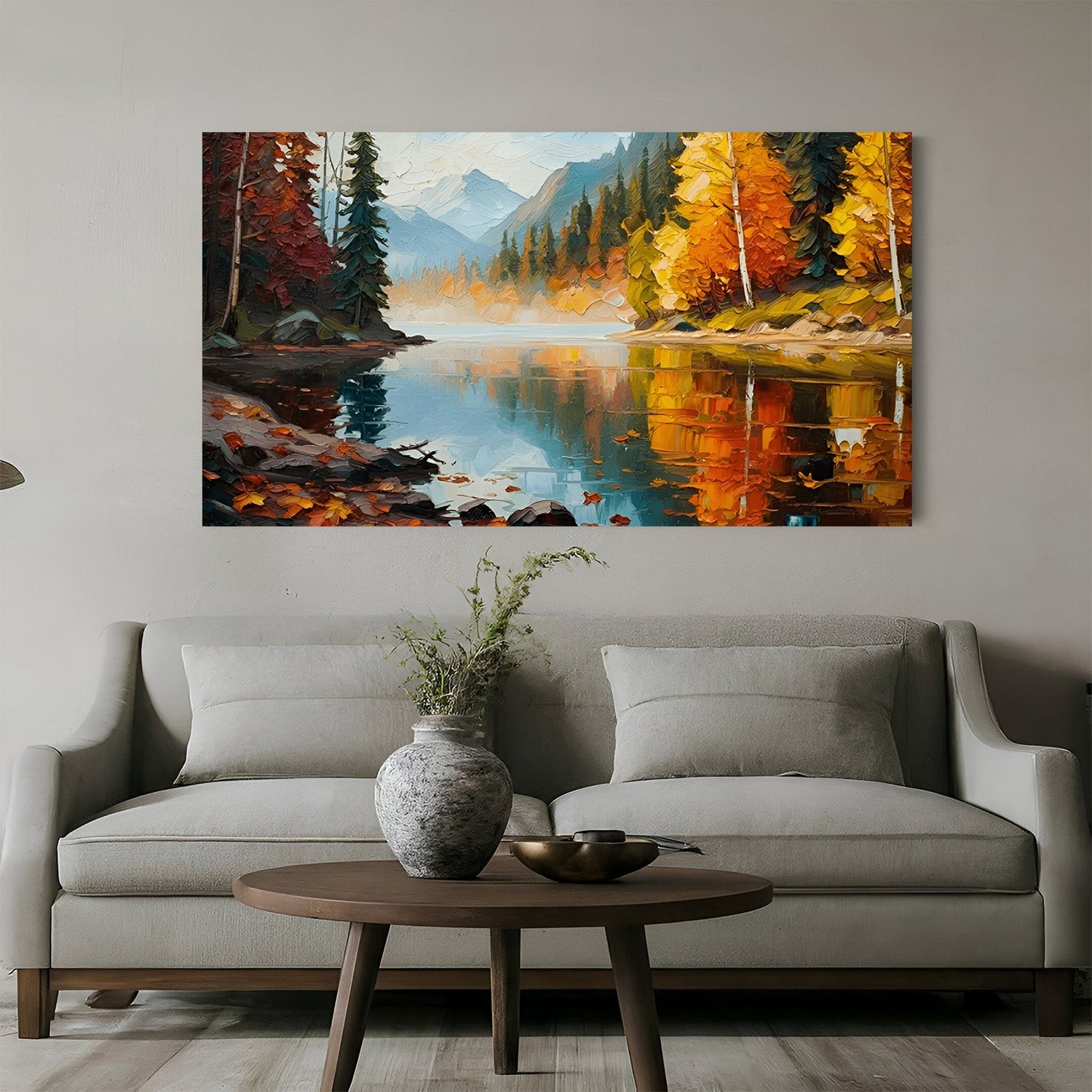 Abstract canvas art of landscape with central river and trees – nature-inspired painting for peaceful modern wall decor in homes and offices