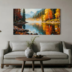 Abstract canvas art of landscape with central river and trees – nature-inspired painting for peaceful modern wall decor in homes and offices