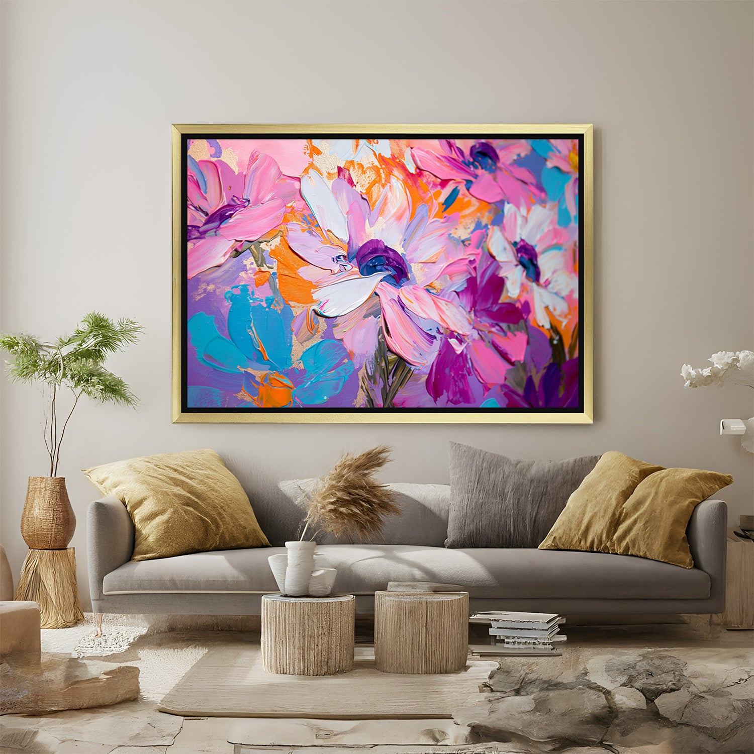 Golden-framed large canvas of a pink flower in painted style, designed for soft and sophisticated floral-themed wall decor