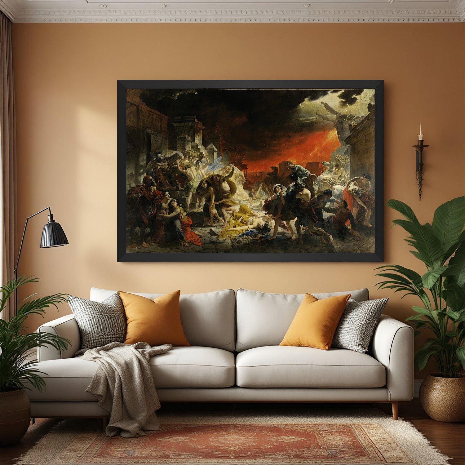 Black-framed vintage wall art of Pompeii’s final moments—historical painting in dramatic canvas print