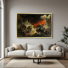 Golden-framed canvas of ancient Pompeii’s destruction—classical wall art with vintage textured finish