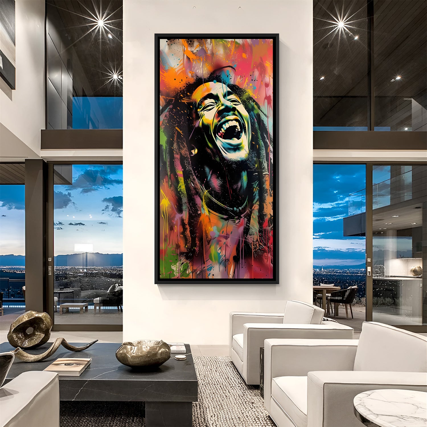 Modern laughing man portrait wall art in elegant black floater frame with contemporary artistic style