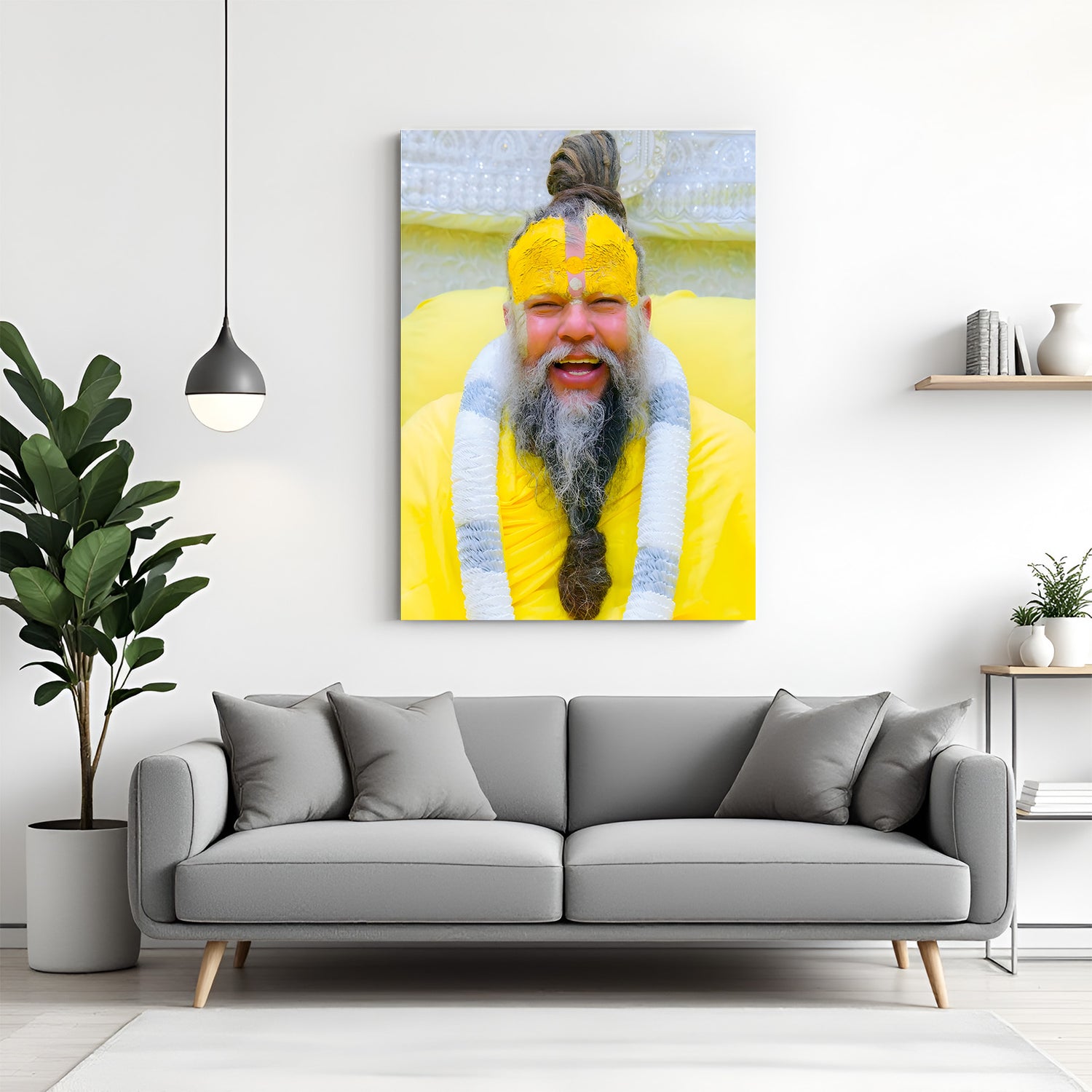 Laughing Premanand Ji Maharaj spiritual canvas wall art with peaceful smile