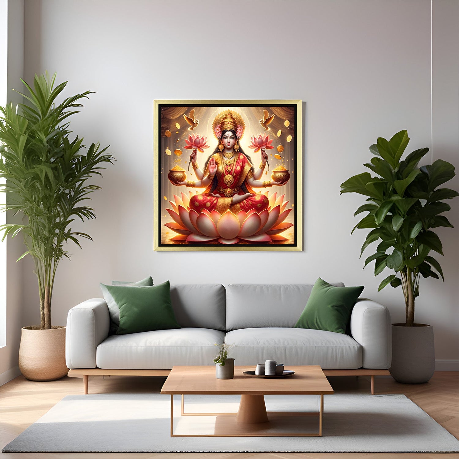 vastu painting of goddess laxmi in golden floater frame ideal for home or office decor to enhance wealth harmony and spiritual peace