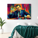 Canvas art showing Leonardo DiCaprio holding a Bitcoin in a confident pose, modern pop-art style print blending celebrity and cryptocurrency themes