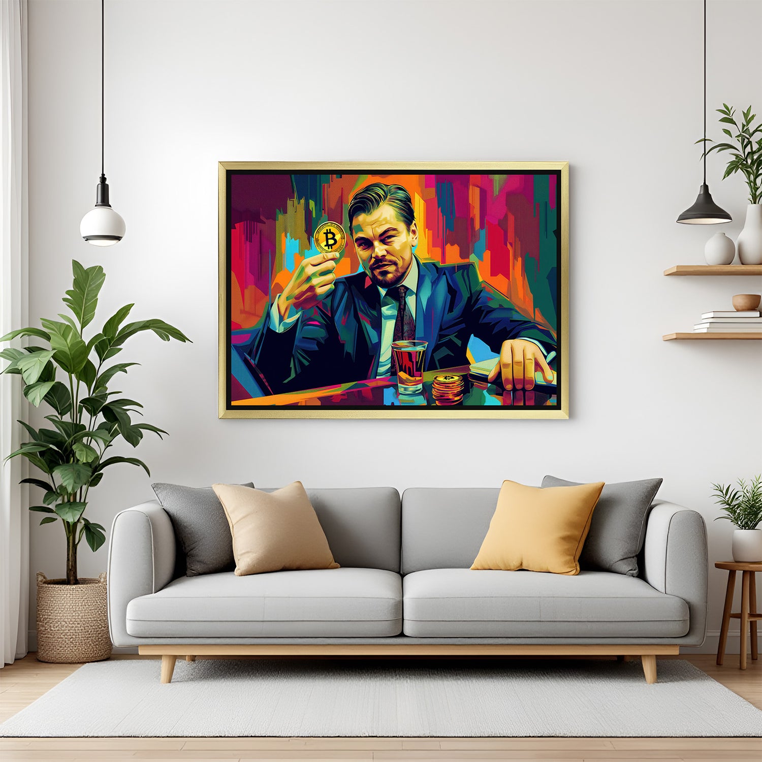 Golden framed canvas showing DiCaprio holding Bitcoin in modern digital art style – ideal for bold decor and crypto lovers