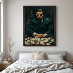 Framed modern canvas of Leonardo DiCaprio exuding gangster charm with money theme, perfect for stylish home or office interiors
