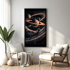 Space motivational wall art with Let’s Go quote in elegant black floater frame modern cosmic decor design