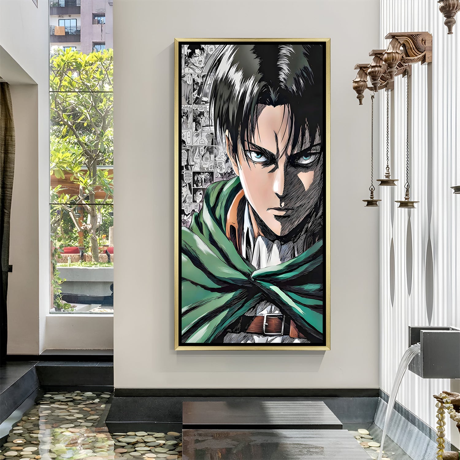 Levi Ackerman Attack on Titan wall art in luxury golden floater frame with manga anime design