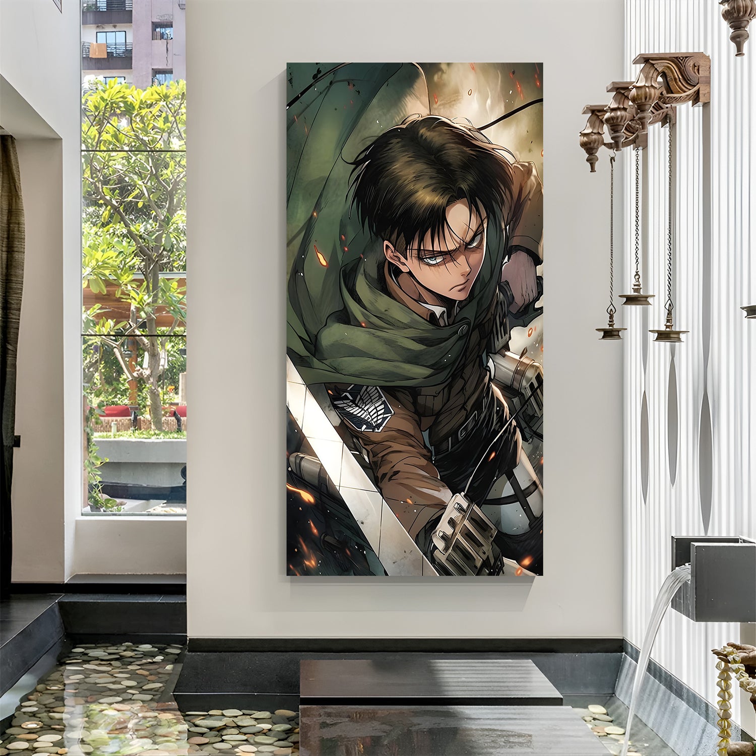 Levi Ackerman vertical anime canvas wall art action scene