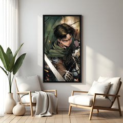 Levi anime artwork vertical black frame dynamic action decor