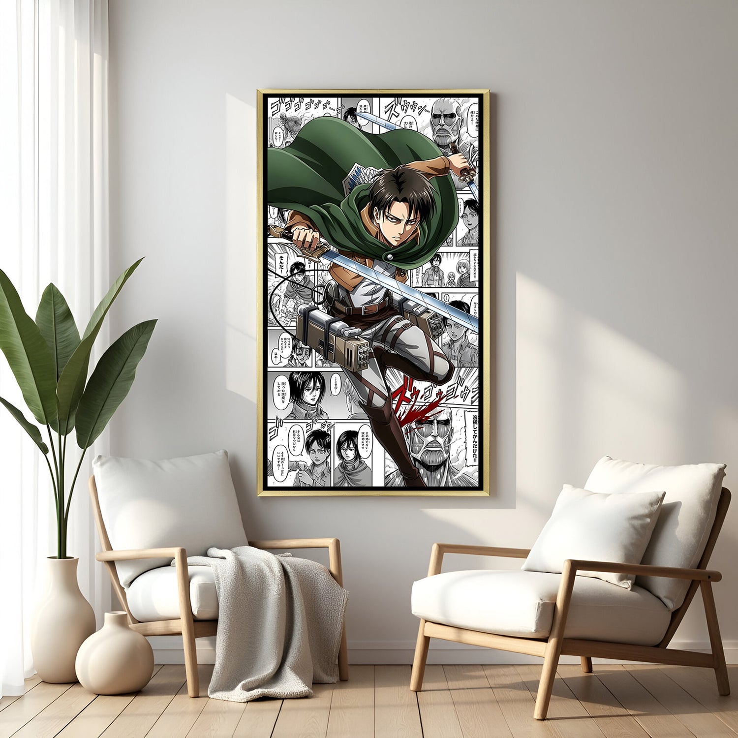 Levi Ackerman manga canvas wall art with golden frame