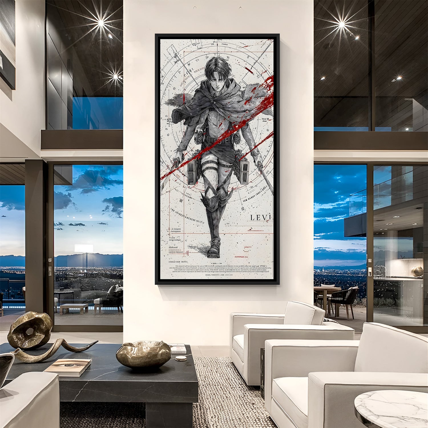 Levi anime artwork in black frame with dramatic red accents