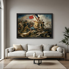 Black-framed ancient-style wall art of Liberty Leading the People—powerful canvas printed wall art with vintage drama