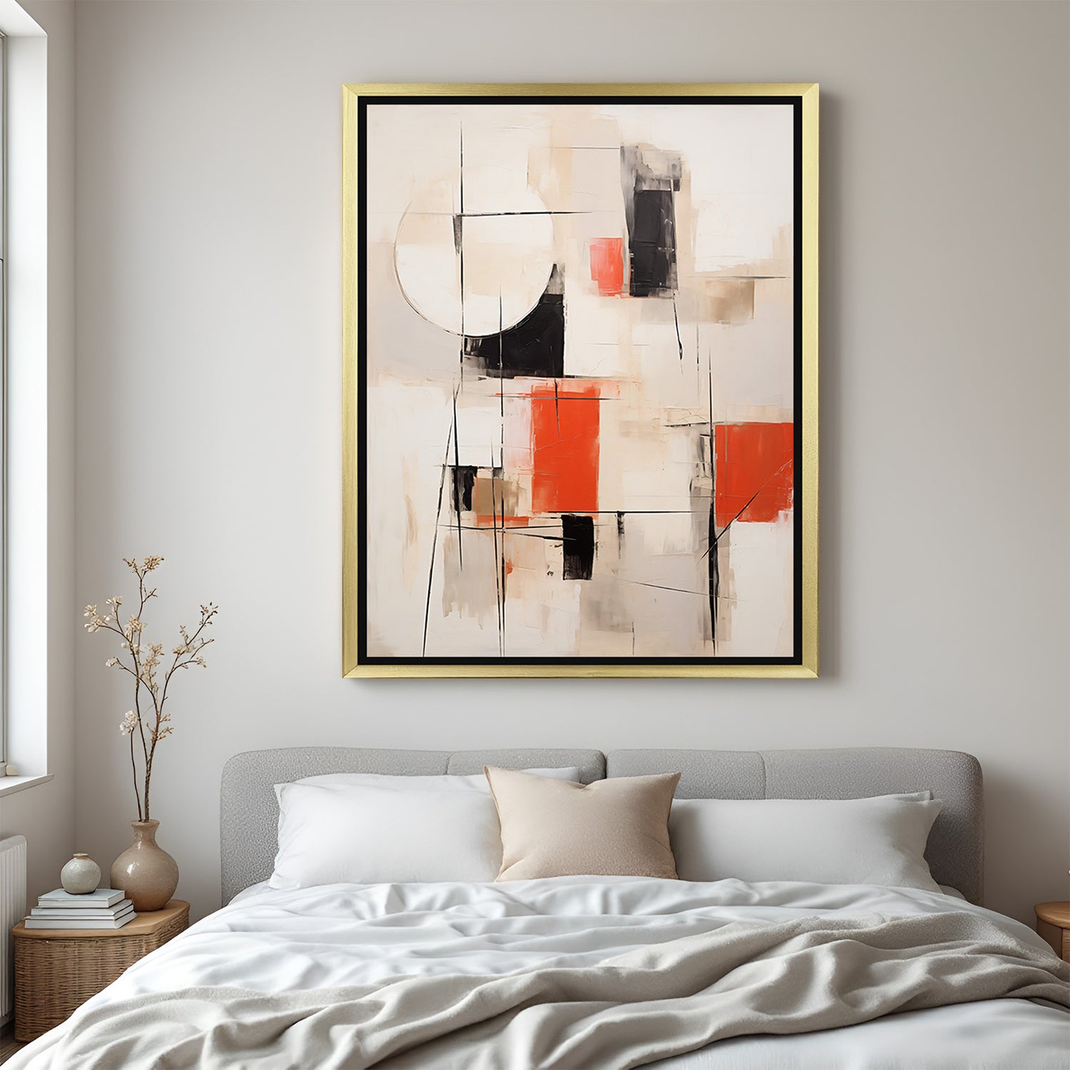 Golden floater frame abstract canvas featuring pastel background with line work and random forms