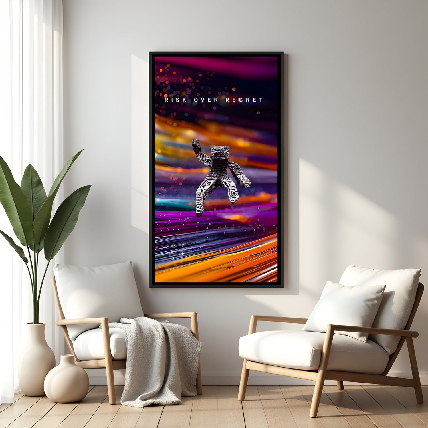 Risk Over Regret space motivational wall art in elegant black floater frame featuring galaxy-inspired design