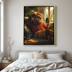 Lion DJ artwork in luxury golden floater frame with stylish music-themed decor