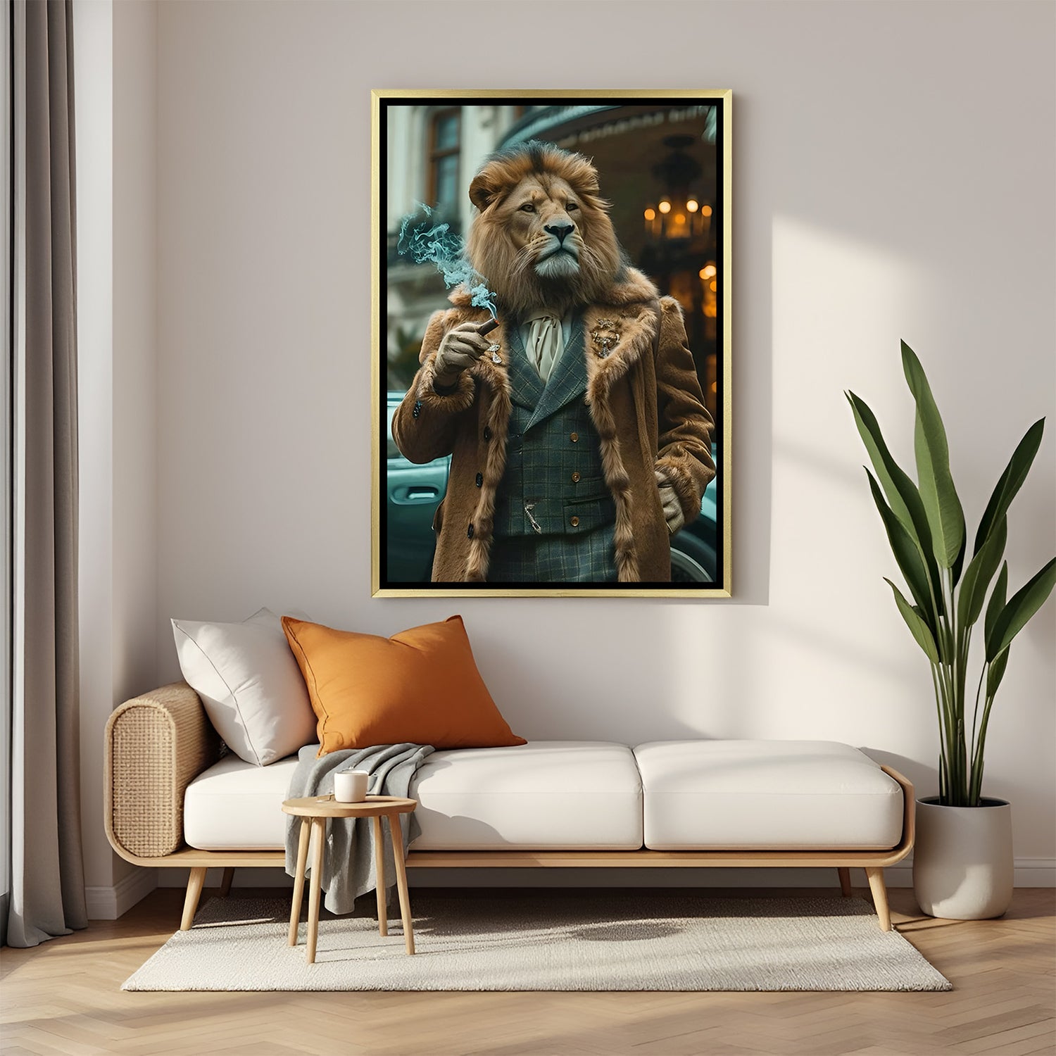 Lion human fusion artwork in golden floater frame for luxury decor