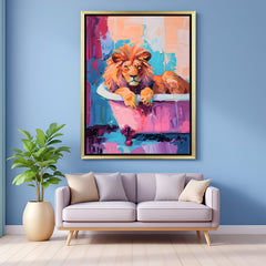 Playful canvas art of lion in bathtub with golden floater frame, perfect for bold and artistic home or office decor