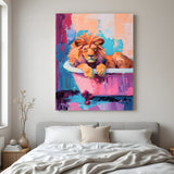 Colorful painted style canvas of lion sitting in bathtub, a bold and fun animal-themed wall decor for modern interiors