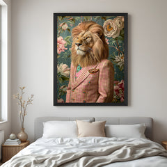 Lion in suit canvas painting with black floater frame, ideal for adding powerful style and bold sophistication to modern home or office decor