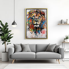 Golden-framed modern canvas of lion king in graffiti style—vibrant and fierce wall decor for edgy interiors and confident decor lovers