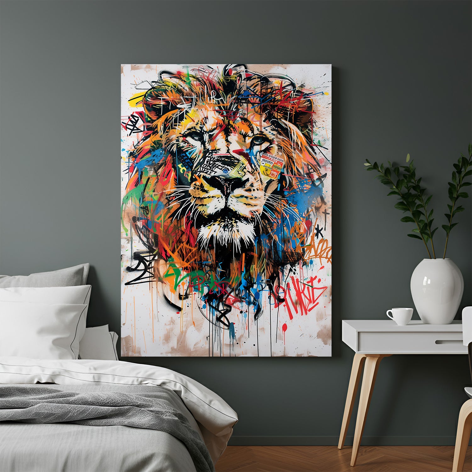 Modern graffiti-style canvas art of a lion as king—urban-inspired wall decor symbolizing power and confidence for bold and contemporary interiors