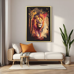Regal lion king canvas painting in golden frame, designed for statement decor in modern homes and professional office spaces