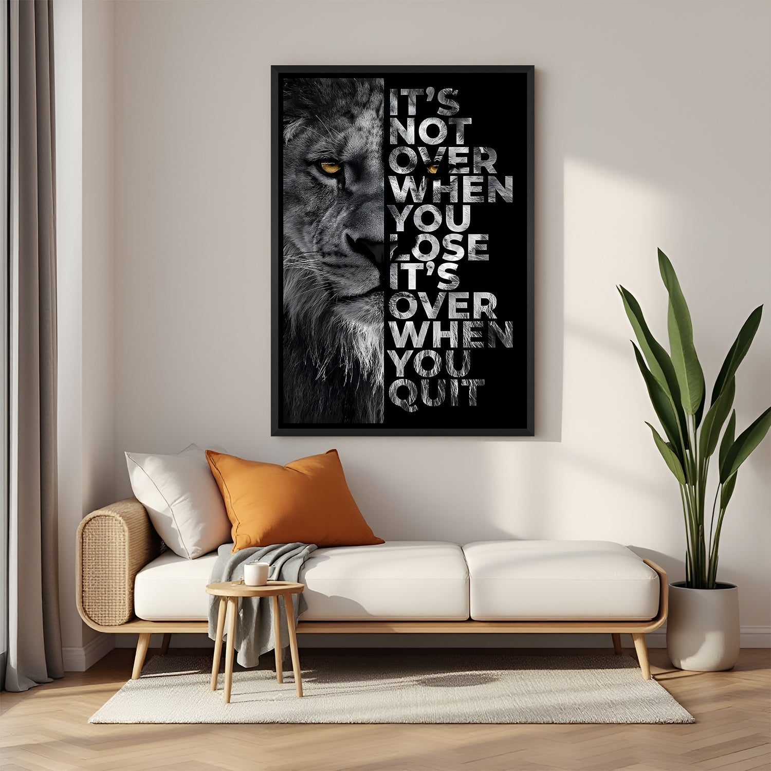 Lion motivational wall art in black floater frame premium modern canvas decor