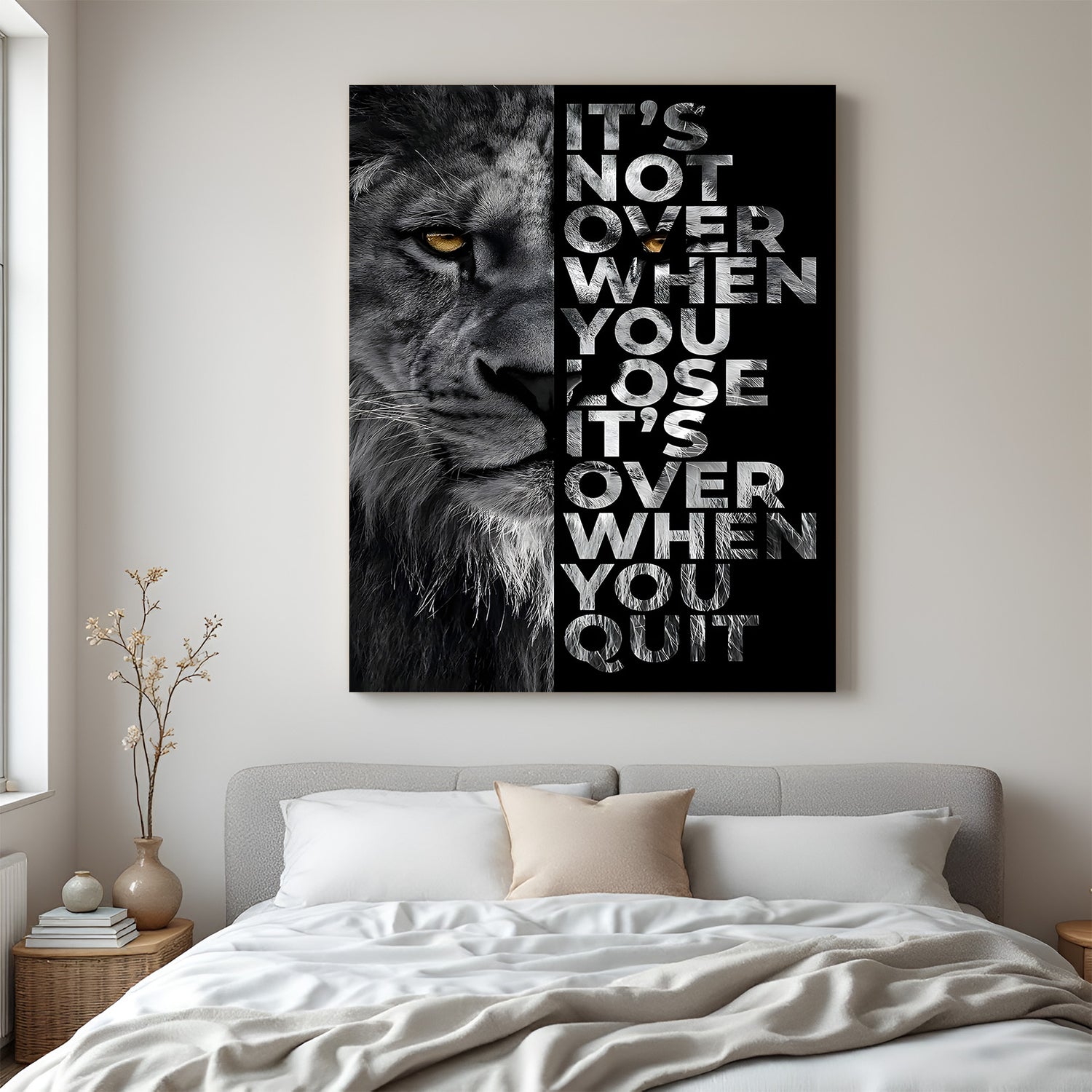 Half face lion motivation canvas wall art with never quit inspirational quote decor
