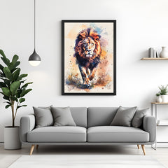 Artistic lion canvas painting in black floater frame, ideal for elegant office, studio, or living room walls