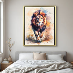 Painted-style lion wall art in golden floater frame, adding strength and sophistication to any modern or creative interior