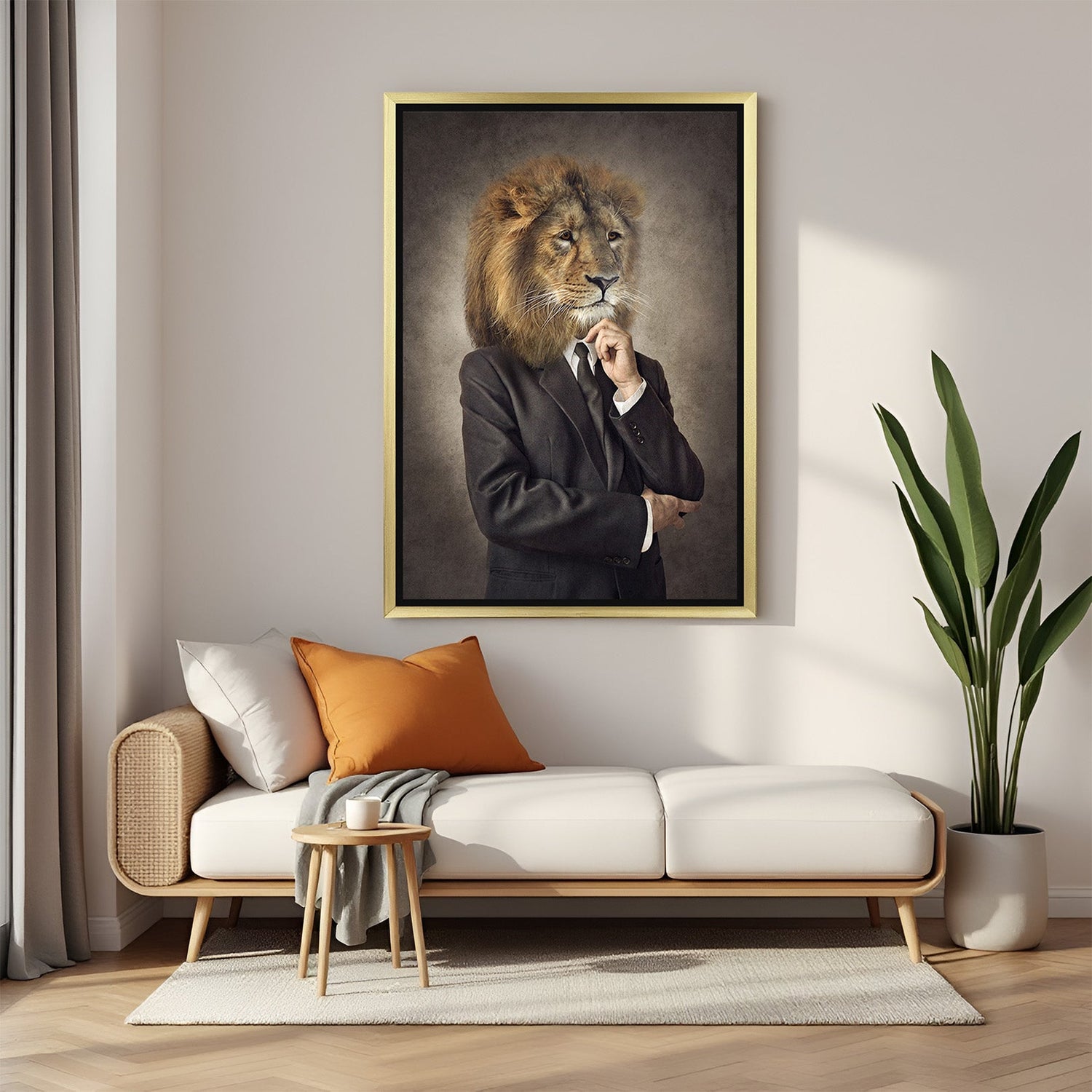lion-suit-canvas-wall-art-bold-leadership-office-decor-golden-frame